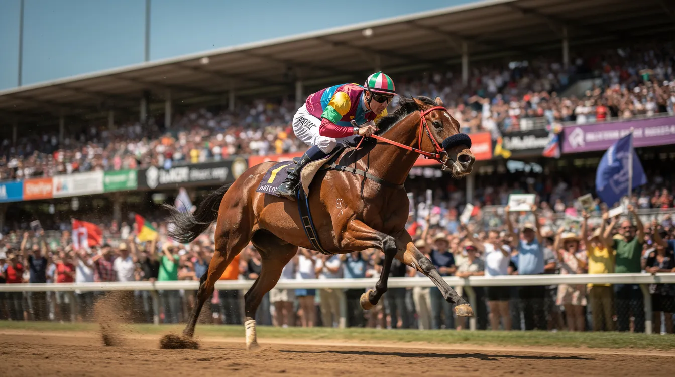 A jockey in vibrant, colorful silks rides a horse at full speed, passing a packed grandstand filled with excited spectators during a thrilling horse racing event. The horse, a previous distance winner, showcases its ability as it competes over the same course where it has previously won, aiming for a top finishing position.