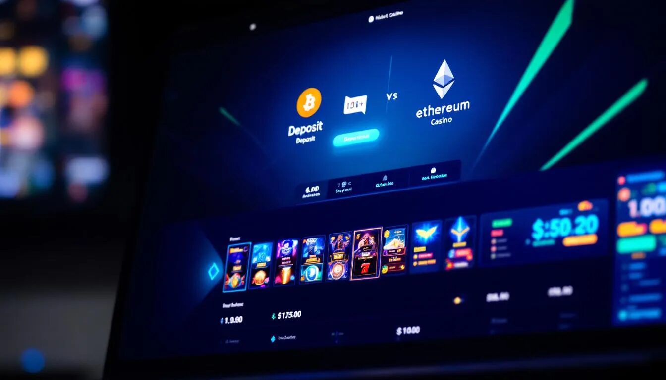 The image displays a computer screen featuring a cryptocurrency casino interface, prominently showcasing Bitcoin and Ethereum logos. Users can explore various online casino games and deposit bonus offers, including enticing free spins and the potential to win real money.