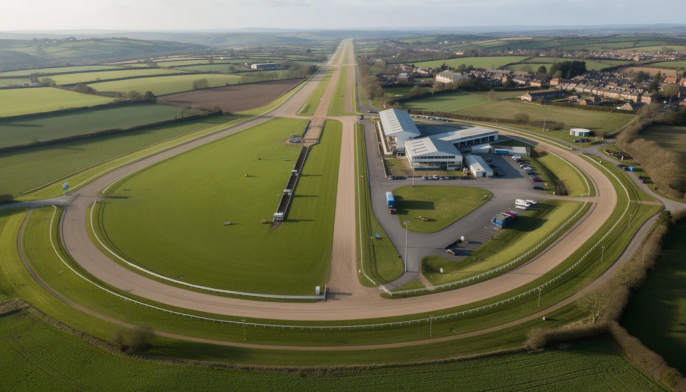 An aerial view of a distinctive UK racecourse showcases the intricate layout of the track, ideal for horse racing fans and those looking for the best horse racing tips. The image highlights the winding paths and starting points, setting the scene for prestigious races and big horse racing festivals.