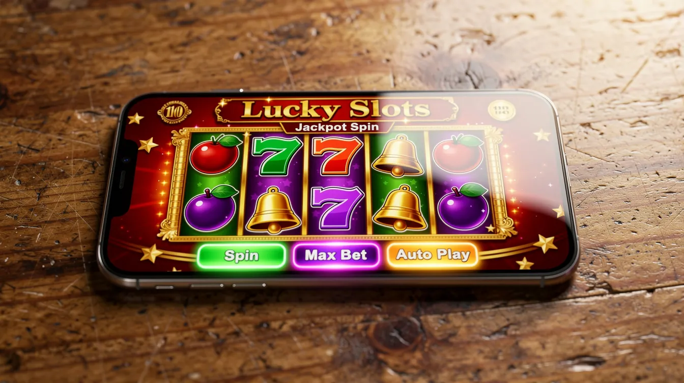 A smartphone is placed on a wooden table, showcasing a vibrant casino app interface with bright slot reels prominently displayed on the screen. This image highlights the engaging world of online casino games, perfect for players seeking low deposit casinos and exciting bonus opportunities.