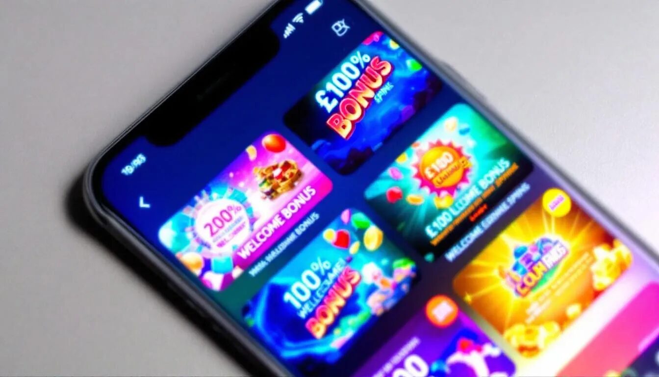 The image shows a mobile phone screen featuring various UK casino apps, with notifications for welcome bonuses and free spins prominently displayed. These notifications highlight deposit bonuses and promotional offers, inviting users to start playing and claim free spins on specific slot games.