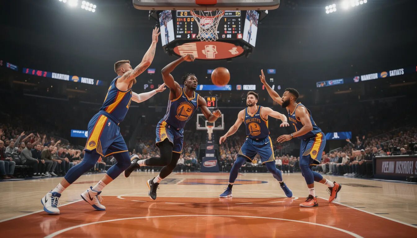 The image captures basketball players in mid-action during an intense NBA game, with one player making a dynamic move while another defends. In the background, the scoreboard displays the total points scored, adding to the excitement of the sport and the ongoing competition.