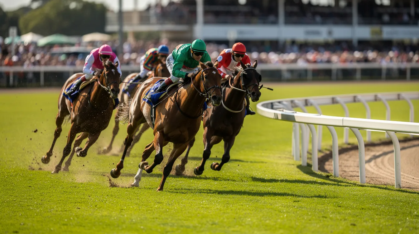 A group of racehorses, including a brown colt and a grey mare, are sprinting around a bend on a grass racetrack during a horse racing event. The scene captures the excitement of the race meeting as the horses showcase their speed and ability, with the British Horseracing Authority overseeing the event.
