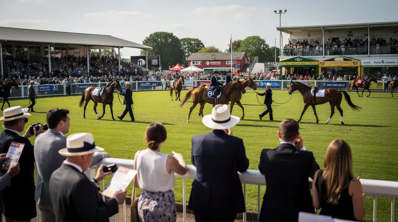 A bustling racecourse scene captures racegoers eagerly watching horses in the parade ring, where trainers and jockeys prepare their runners for the upcoming flat races. The atmosphere is filled with excitement as spectators discuss the horses' recent form and betting odds, hoping to identify the potential winners of the race meeting.