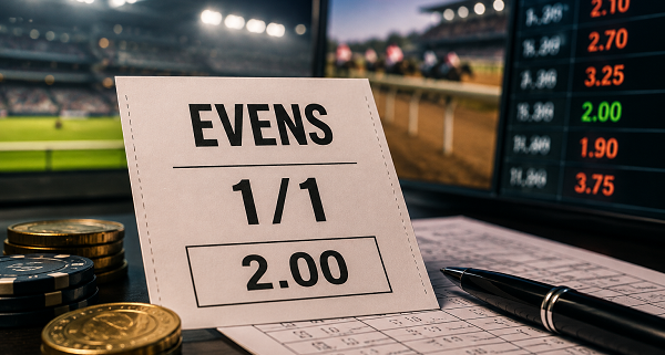 evens odds on betting slip in front of screen, with notepad and coins and odds screen next to it