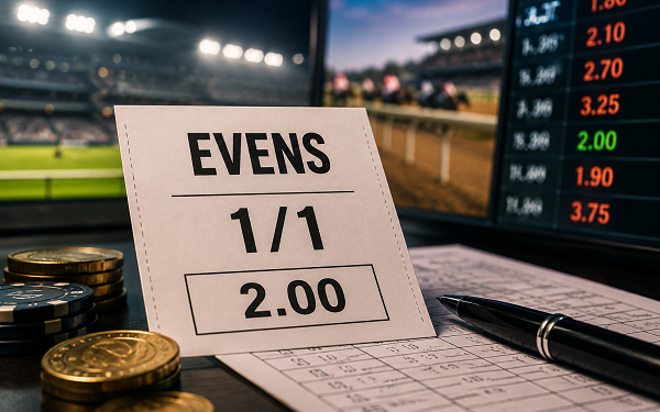 evens odds on betting slip in front of screen, with notepad and coins and odds screen next to it