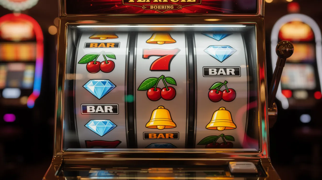 A close-up view of a casino slot machine's colorful reels, featuring vibrant symbols such as fruits and lucky sevens. This image captures the excitement of casino games, inviting players to start playing with even a small deposit at minimum deposit casinos.