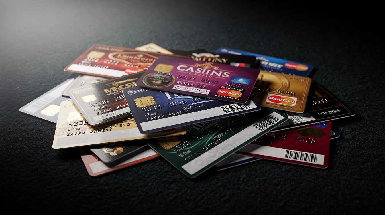 A stack of colorful casino player loyalty cards from various properties is displayed, showcasing the benefits of playing slots and video poker, including bonuses and free drinks. These cards represent the loyalty programs that offer players better odds and rewards for their gambling activities on the casino floor.