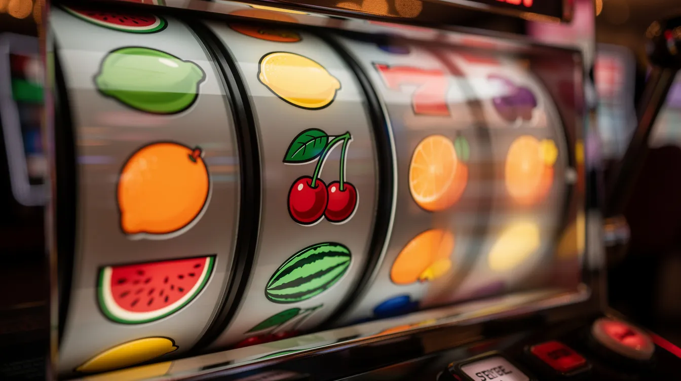 A close-up photograph captures the vibrant, colorful reels of a slot machine, adorned with familiar fruit symbols, with a dynamic motion blur that suggests the reels are spinning rapidly. This image evokes the excitement of online casino games and the thrill of potential wins, reminiscent of low deposit casinos where players can enjoy a variety of slot games.
