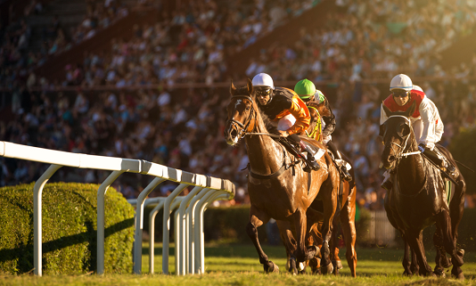 horses racing around the bend at major horse race
