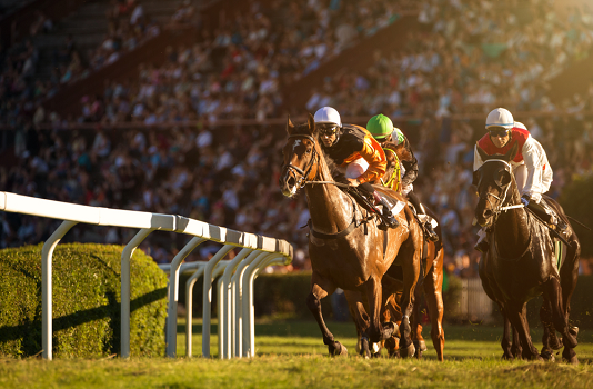 horses racing around the bend at major horse race
