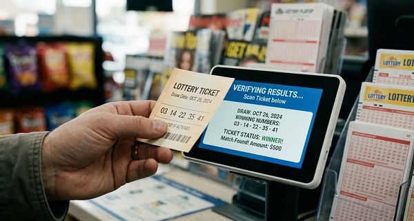 person checking lottery ticket