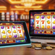 online slots on computers on table with cards and coins