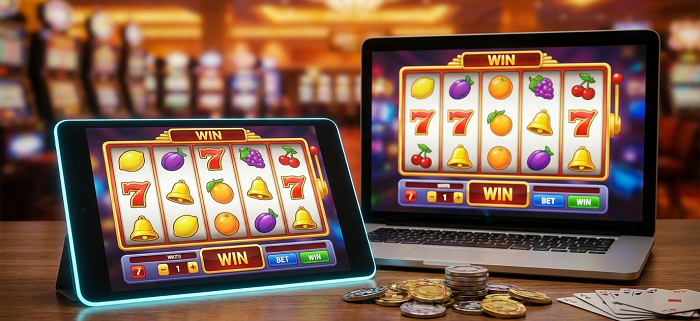 online slots on computers on table with cards and coins