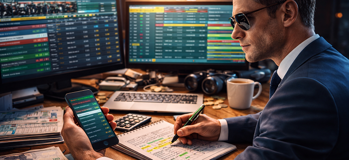 professional tipster analyzing odds on notepad with phone and screens on desk