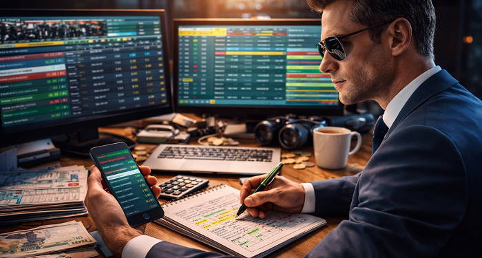 professional tipster analyzing odds on notepad with phone and screens on desk