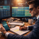 professional tipster analyzing odds on notepad with phone and screens on desk