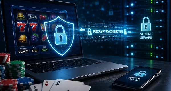 laptop with slot games, cards and chips on table, with encryption message across