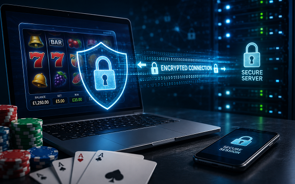 laptop with slot games, cards and chips on table, with encryption message across