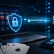 laptop with slot games, cards and chips on table, with encryption message across