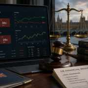 legal ornaments on desk in UK with trading screen