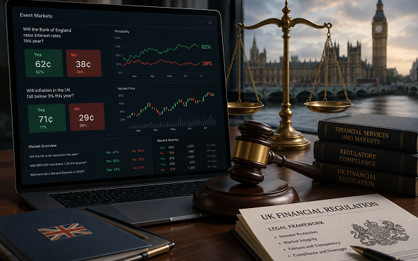 legal ornaments on desk in UK with trading screen